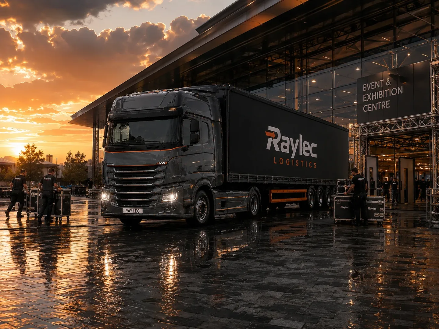 Raylec Logistics vehicle at an event and exhibition centre as crew move flight cases