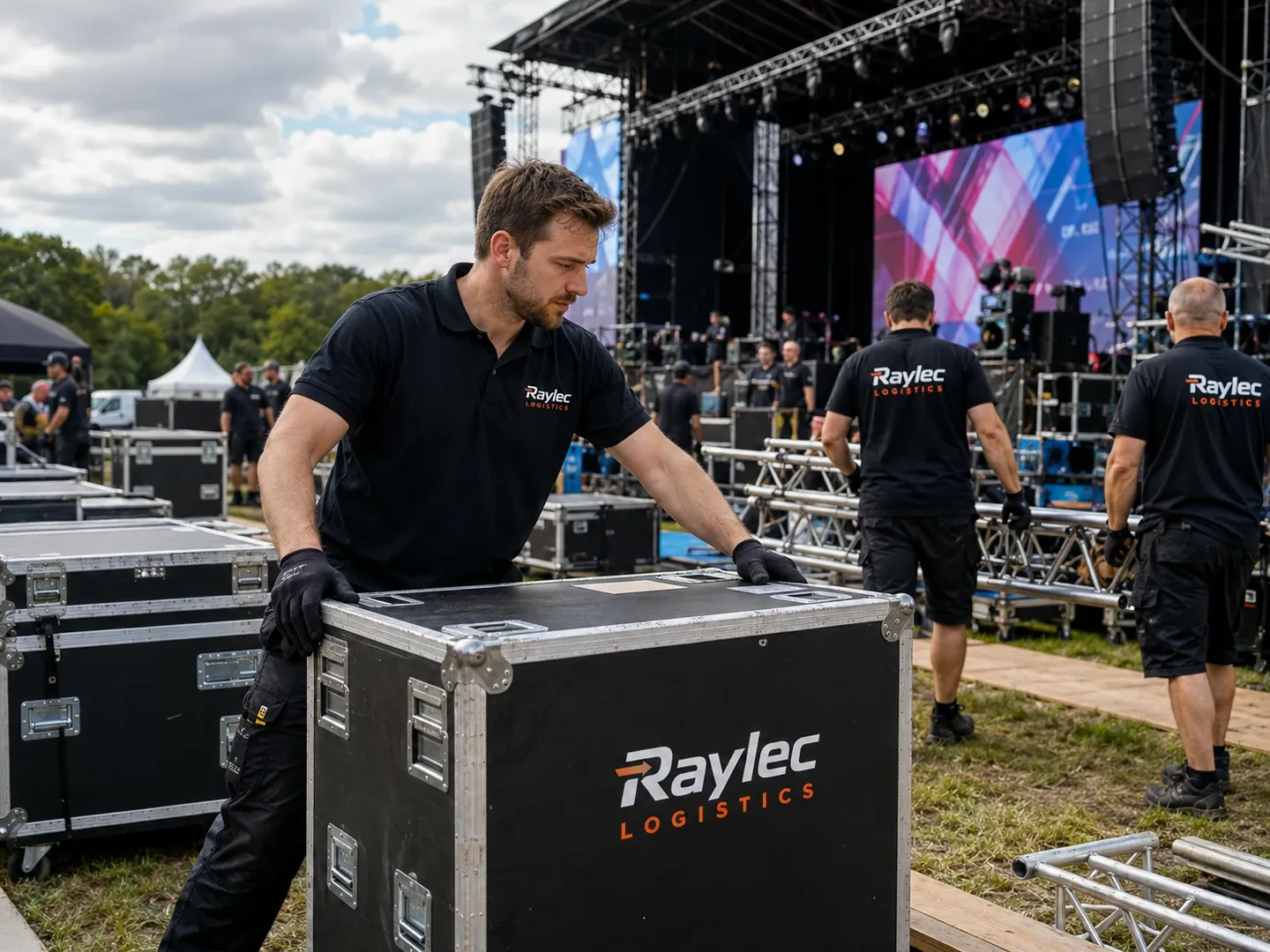 Raylec Logistics crew moving flight cases at an outdoor concert stage build