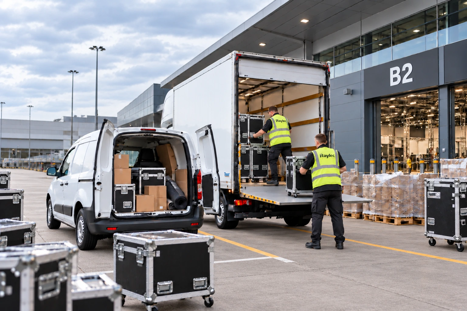 Raylec Logistics crew handling exhibition equipment and flight cases at a venue loading area