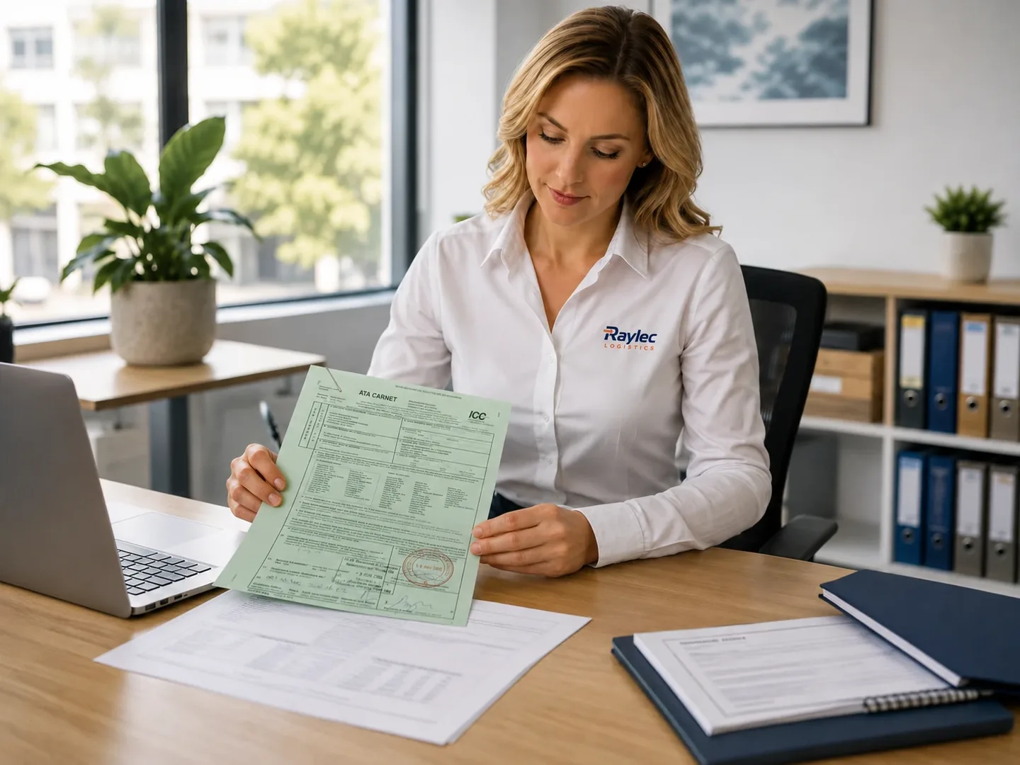 Raylec Logistics team member reviewing an official ATA Carnet document at a desk