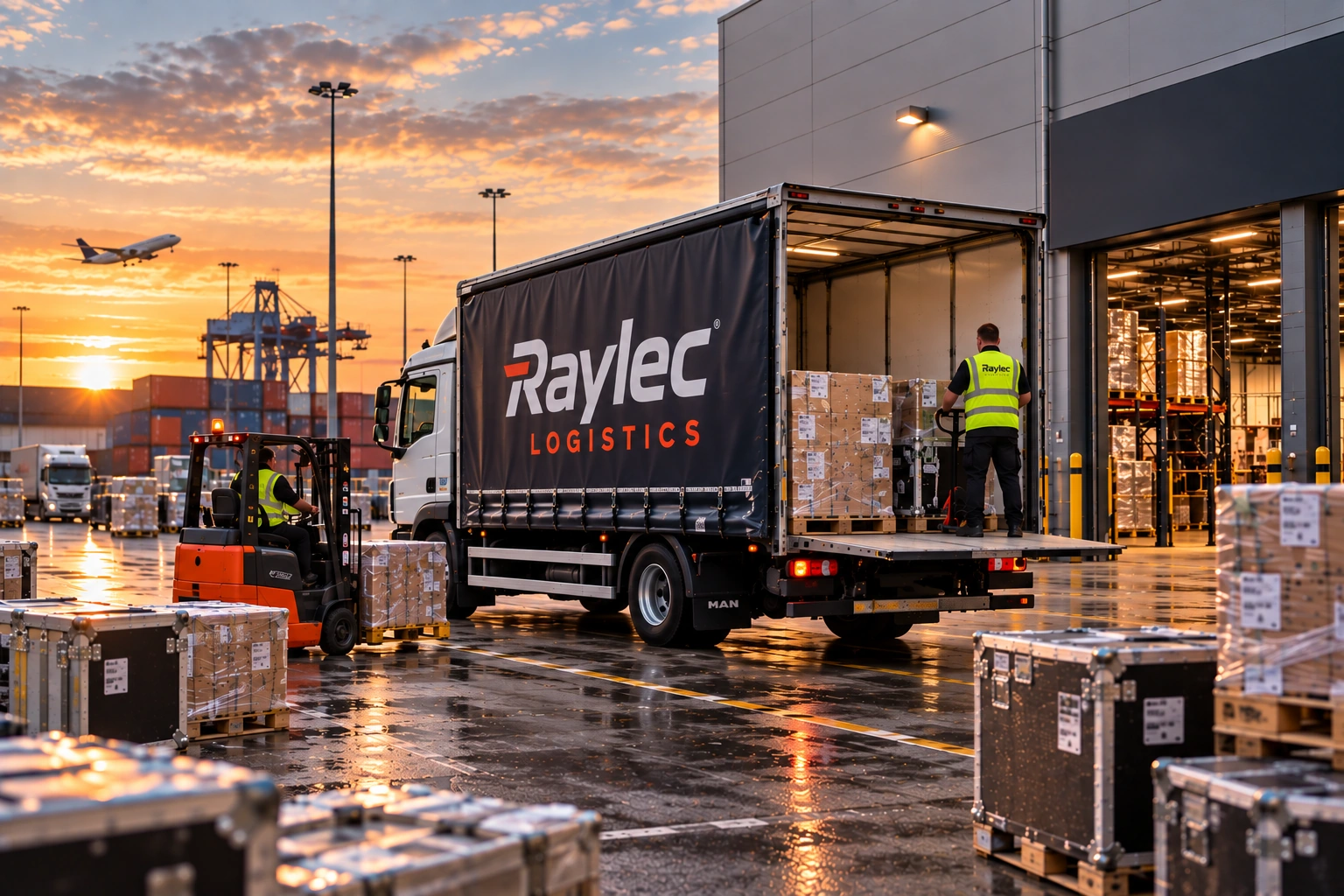 Raylec Logistics commercial freight being handled at a multimodal logistics facility