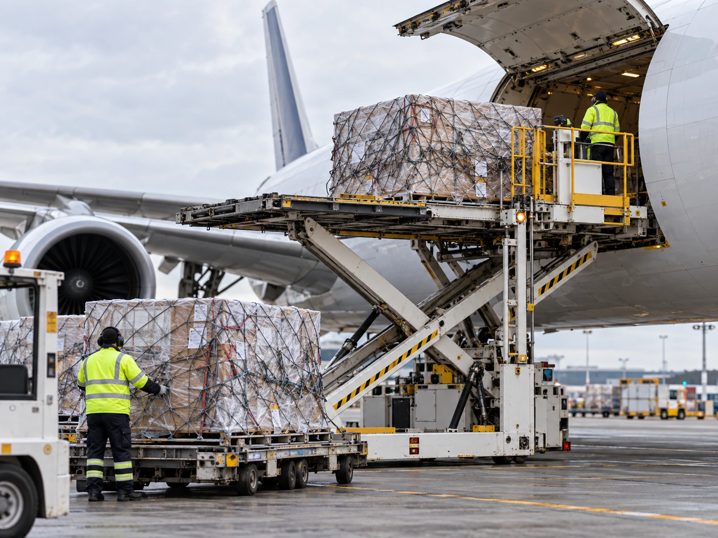 Air freight cargo being loaded onto a cargo aircraft