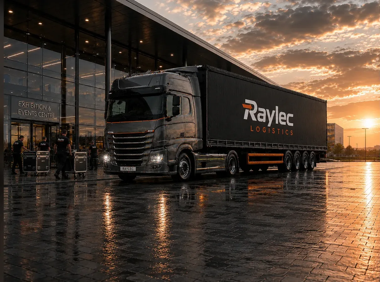 Raylec Logistics vehicle at an exhibition centre at sunset