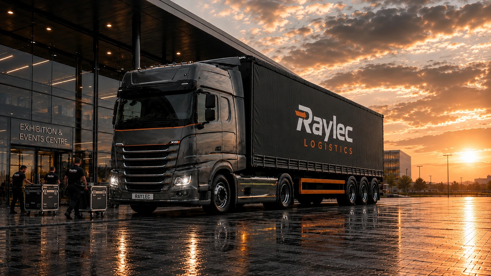 Raylec Logistics vehicle at an exhibition centre at sunset