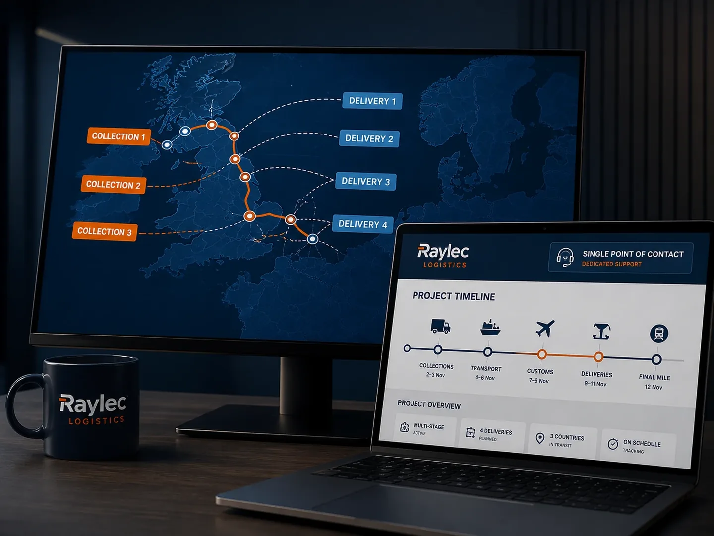 Raylec Logistics project planning screens showing multi-stage collections, deliveries and a project timeline