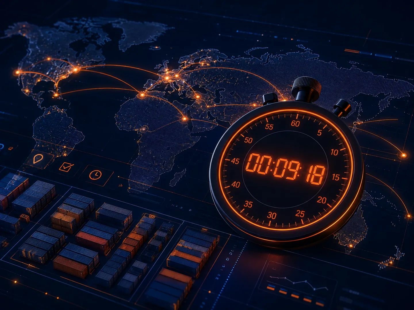 Countdown stopwatch over a global freight route map representing deadline-critical movements