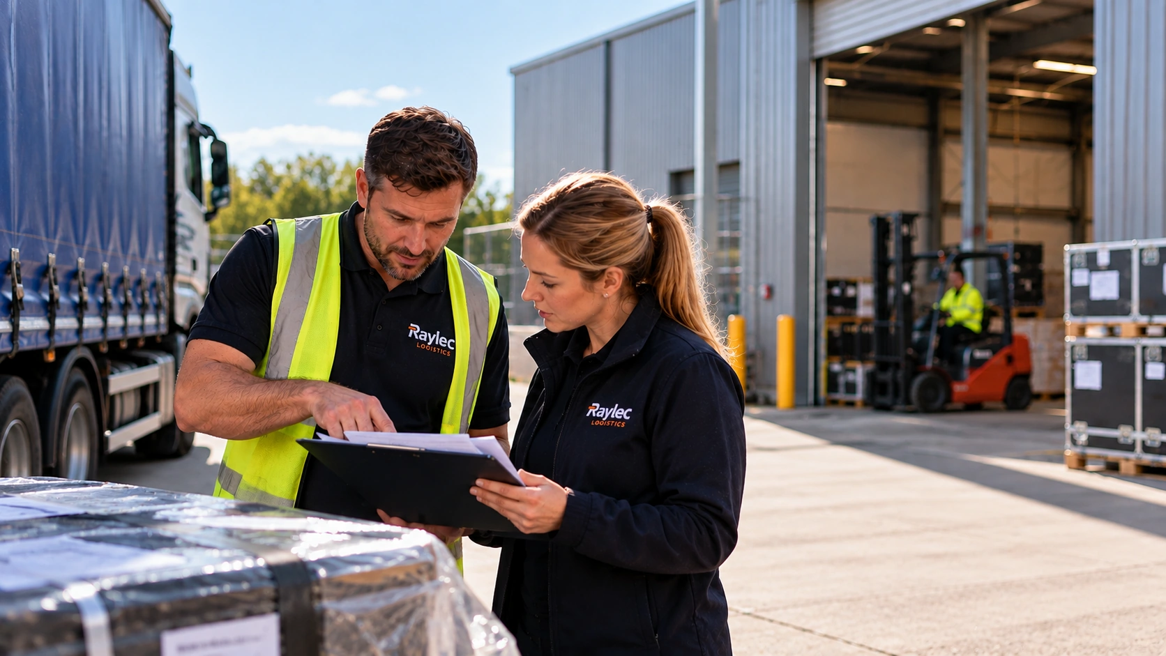 Two Raylec Logistics staff reviewing shipment paperwork beside a curtain-sided lorry