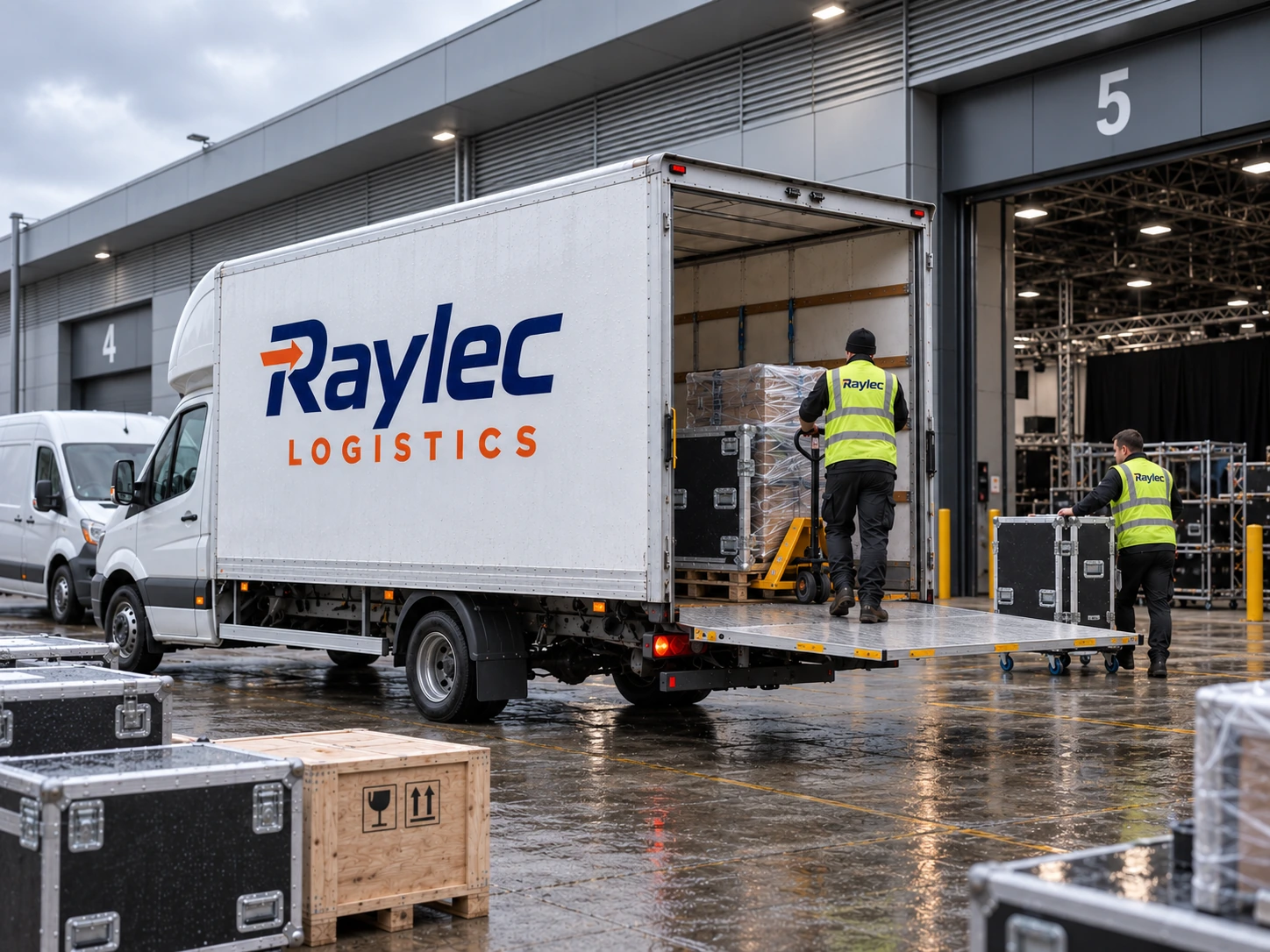Raylec Logistics exhibition and event freight being unloaded at a venue