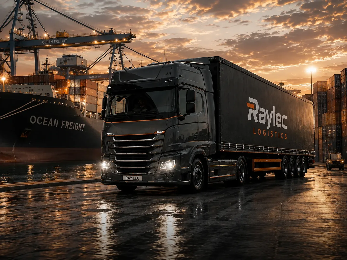 Raylec Logistics vehicle at a container port beside an ocean freight vessel